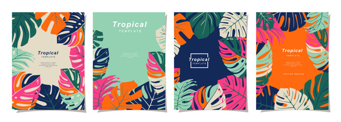 Summer template set for poster, card, cover, label, banner in modern minimalist style and simple summer design templates with tropical leaves, flower, and plants.