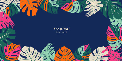 Obraz premium Summer template for background, poster, card, cover, label, banner in modern minimalist style and simple summer design templates with tropical leaves, flower, and plants.