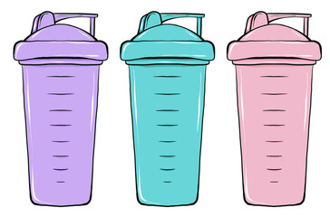 Set of shaker for sports nutrition. Hand drawn illustration on white background.