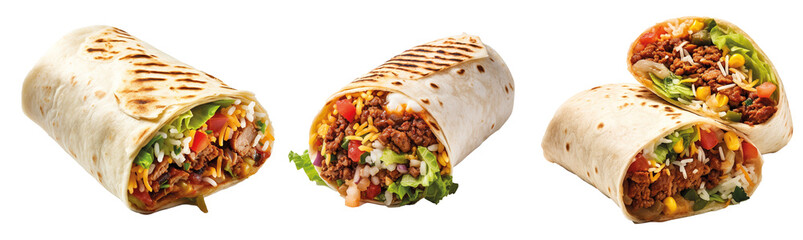 Set of tasty Mexican burritos, Chicken, beef, sausage and salad bread wraps isolated on transparent background