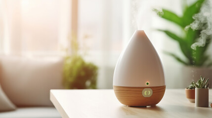 Modern oil aroma diffuser close up on a blurred room background.