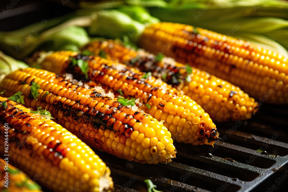 Wall mural Cooked corn cobs with herbs and spices on barbecue grill.  