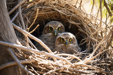 Naklejka na ściany i meble Great horned owl cubs in the nest.