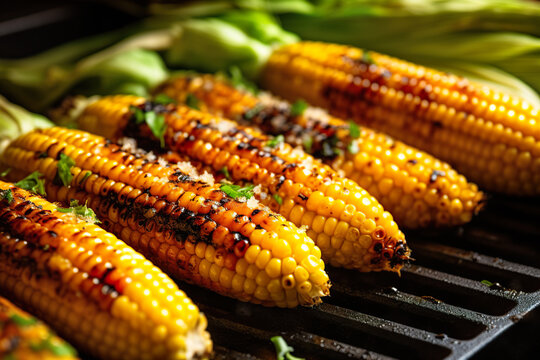Cooked corn cobs with herbs and spices on barbecue grill.  