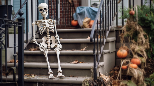 Skeleton sitting on the stairs with Halloween decor.Scary Halloween decoration in the yard