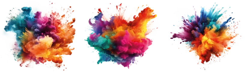 Poster Colored powder explosion on a transparent background. Abstract closeup dust on backdrop. Colorful explode. Paint holi isolated on transparent background © Mrs__DoubleF
