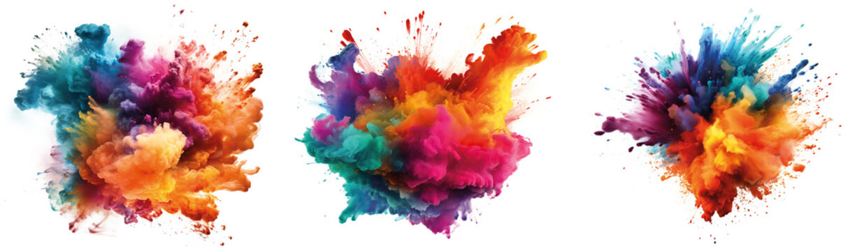 Colored powder explosion on a transparent background. Abstract closeup dust on backdrop. Colorful explode. Paint holi isolated on transparent background