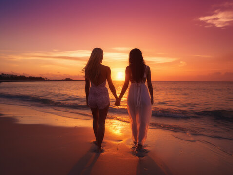 A lesbian couple holding hands while walking on the romantic setting of a tranquil sandy beach at sunset.  