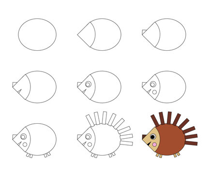 Worksheet easy guide to drawing cartoon hedgehog. Simple step-by-step drawing tutorial for kids.