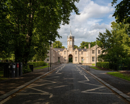28 July 2023. Huntly,Aberdeenshire,Scotland. This is view along the driveway to the Old part of Gordon Schools in Huntly on a sunny summer afternoon.