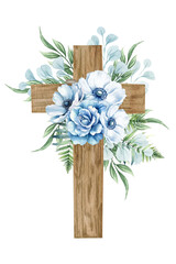 Floral cross isolated on white. Wooden cross with blue flowers, fern, and eucalyptus twigs. Baptism ceremony