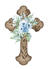 Floral cross isolated on white. Wooden cross with blue flowers, fern, and eucalyptus twigs. Baptism ceremony