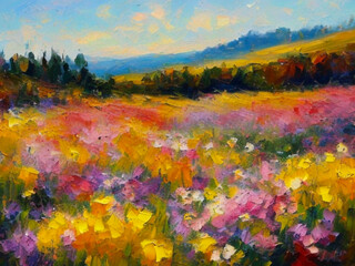 Landscape field with flowers. Beautiful double flowers similar to aster chrysanthemum, painted with oil paint. Greeting card generated by artificial intelligence. Happy birthday, mother day, March 8