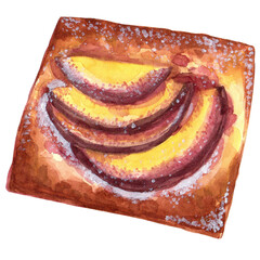 Watercolour cute bakery bread collection illustration set croissant baguette loaf bagel rolls hot cross bun. Watercolor set of various pastries. Watercolor illustration of food. 