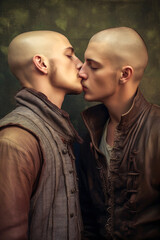 Generative AI illustration of Young gay couple gay man in love bald kissing