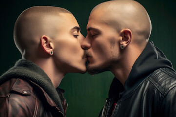 Obraz premium Generative AI illustration of Young gay couple gay man in love bald kissing