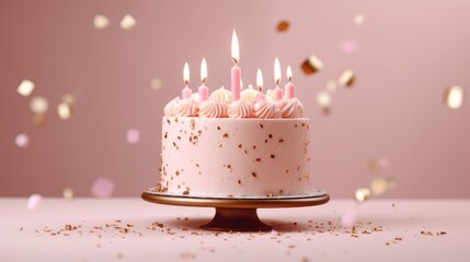 A festive birthday cake with lighted candles stands on a stand on the table.