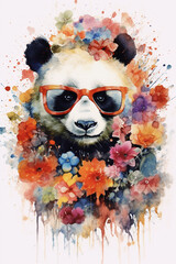 Watercolor panda with flowers and sunglasses, Generative AI