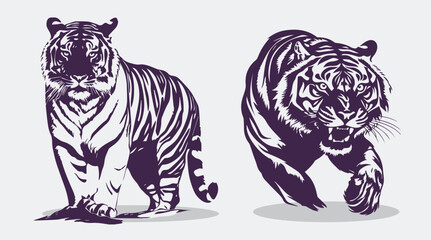 Tiger silhouette design on white background. Movement of the tiger. Vector set. 