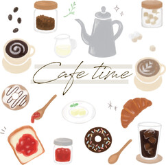 カフェタイムコーヒー手描き水彩セット　ベクター