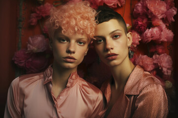 Junges queeres und androgynes Paar in einem Raum mit Blumen im Retro und Vintage Stil 