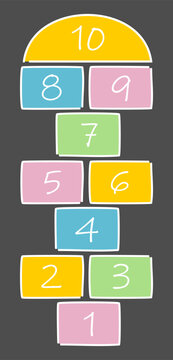 Juego de la rayuela sobre fondo oscuro. Juego para ni&ntilde;os con colores y n&uacute;meros. 