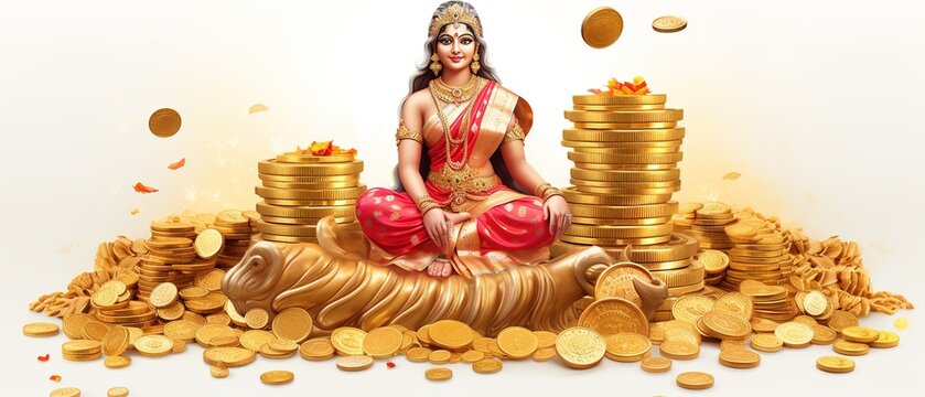 Indian festival Dhanteras and Diwali worship background with Goddess Lakshmi, Laxmi golden coins stock.illustration