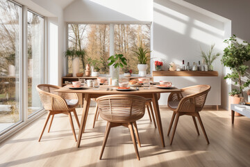 Obraz premium Mockup of light modern dining room, rattan dining set, wooden table on wooden floor. Generative AI