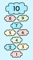 Fototapeta premium Hopscotch game with colored clouds. Learning numbers from one to ten. 