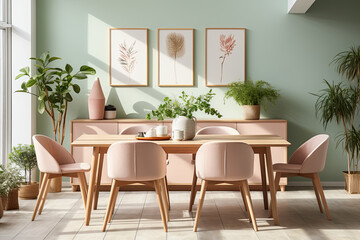 Mockup of a bright modern dining room in scandinavian style. Generative AI