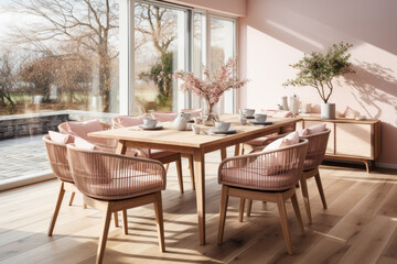 Fototapeta na wymiar Mockup of light modern scandinavian style dining room, rattan dining set, wooden table on wooden floor. Generative AI