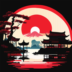 Asian lakeside town, old cottage with morning light, isolated vector tshirt design.