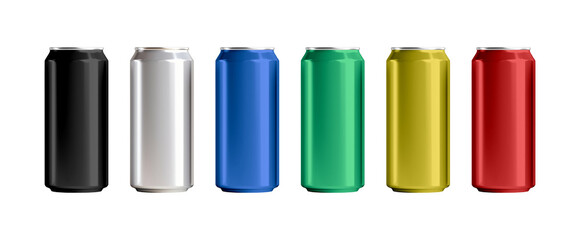 Collection set of aluminum beverage drink soda cans in various colors isolated on transparent or white background, png