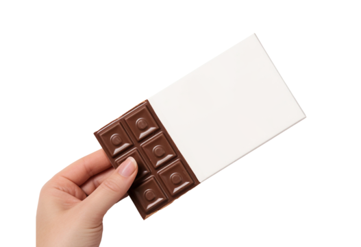 Female hand holding a chocolate bar isolated on transparent or white background, mockup, png