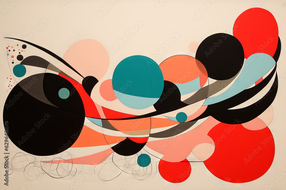 Poster Abstract background in the style of expressionism, modern and Bauhaus. Artistic abstraction with colorful circles and lines. Generative AI.