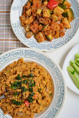 Vegetable caviar, stew with eggplant, zucchini. Healthy bright summer vitamin-rich balanced vegan tasty dish. Useful homemade veggie lunch. Vitamins, minerals menu. Fast cooking. Hot salad recipe. 