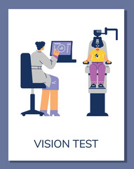 Ophthalmologist doctor check eyesight using computer, vision test, professional optician technology vector flat poster