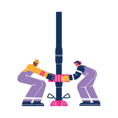 Oil industry workers in process of maintaining the operation of drilling rig, driller mechanic work vector illustration