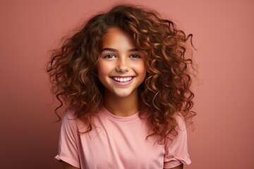 Fototapeta premium portrait of a laughing girl on a pink background