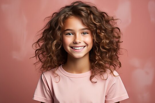 laughing girl on a pink background portrait