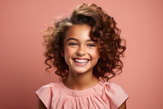 laughing girl on a pink background portrait