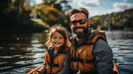 Happy familly are kayaking on the river on vacation. - obrazy, fototapety, plakaty