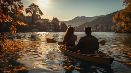 A couple canoes on a lake in the late afternoon.