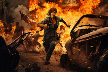 Action shot with woman on the run. Dynamic scene in action movie blockbuster style.