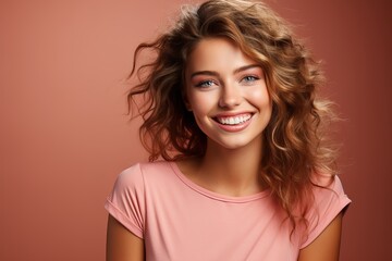 Fototapeta premium beautiful young woman smiling on a pink background