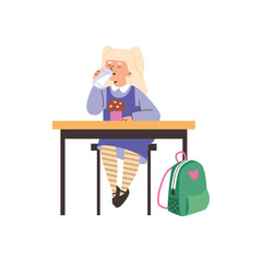 Cute blonde girl sits at desk and snacks on cake with milk, near the school backpack, vector isolated flat illustration