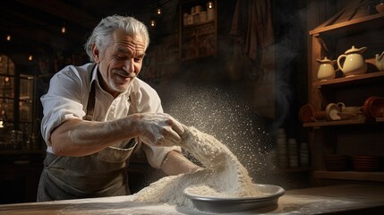 Generative AI, Old man hands of baker in restaurant or home kitchen, prepares ecologically natural pastries..