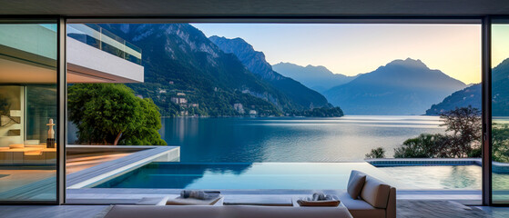 Fototapeta premium A luxurywaterfront house with a beautiful view of Lake Como in Italy. Modern architecture with a large pool for a summer getaway vacation for relaxing.
