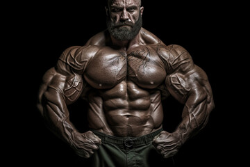 Fototapeta na wymiar Extreme bodybuilder showing his muscles. Huge athlete demonstrating power.