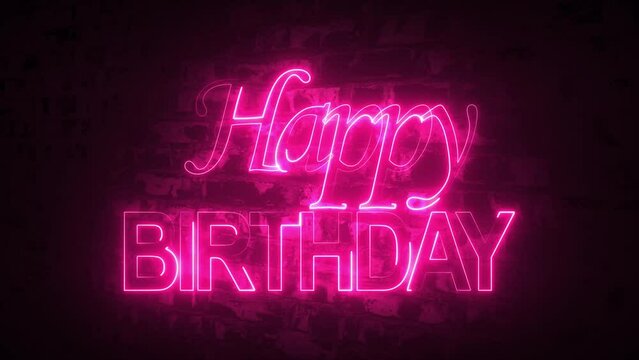 Neon happy birthday isolated text animation. Happy birthday light text